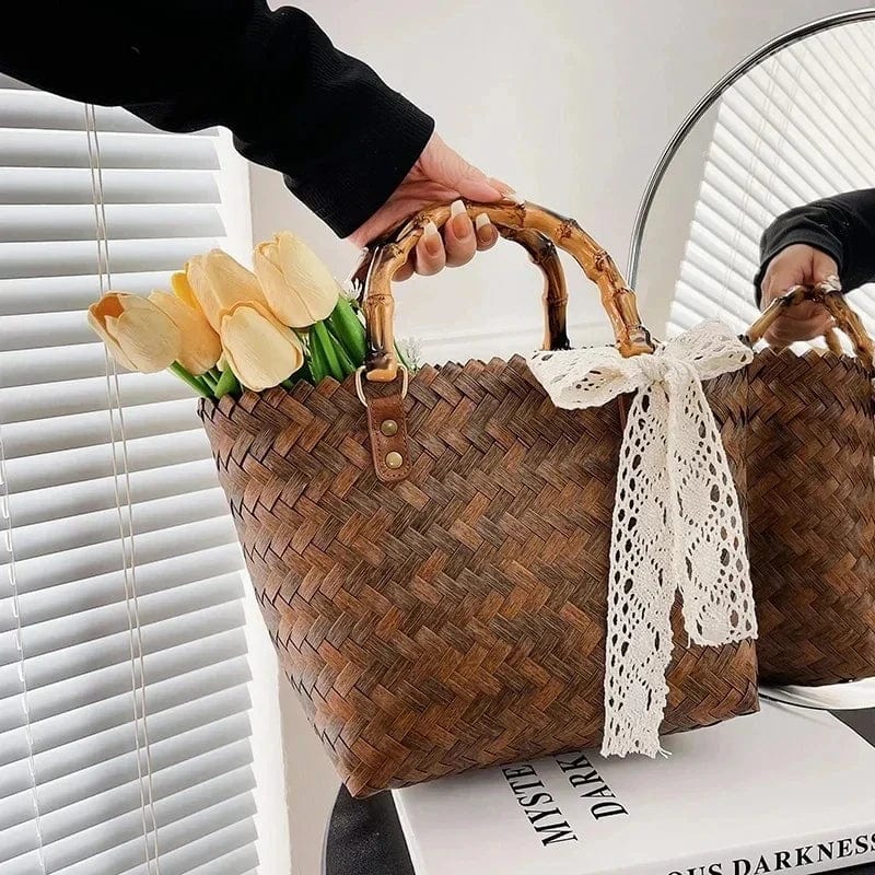 Wicker Summer Bag for Women, Natural Summer Vacation Purse in Brown, styled as a SheSelects summer accessory
