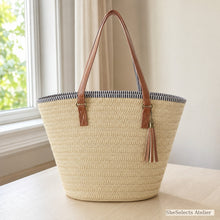 Große geflochtene Stroh-Tote mit Quaste, Strandtasche für Damen