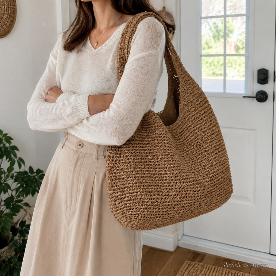 Large straw hobo bag, slouchy woven shoulder tote for women, summer beach purse