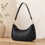Minimalist Crescent Shoulder Bag, Small Vegan Leather Purse with Gold Chain Detail | hero black | SheSelects Atelier