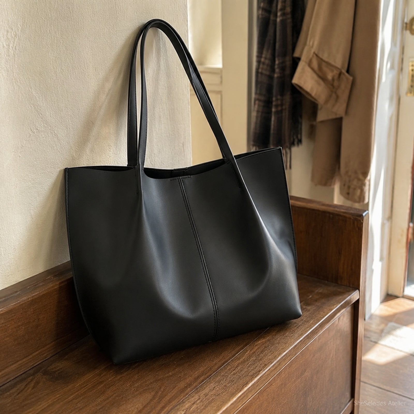 Black soft vegan leather tote bag on a wooden entryway bench in natural afternoon light