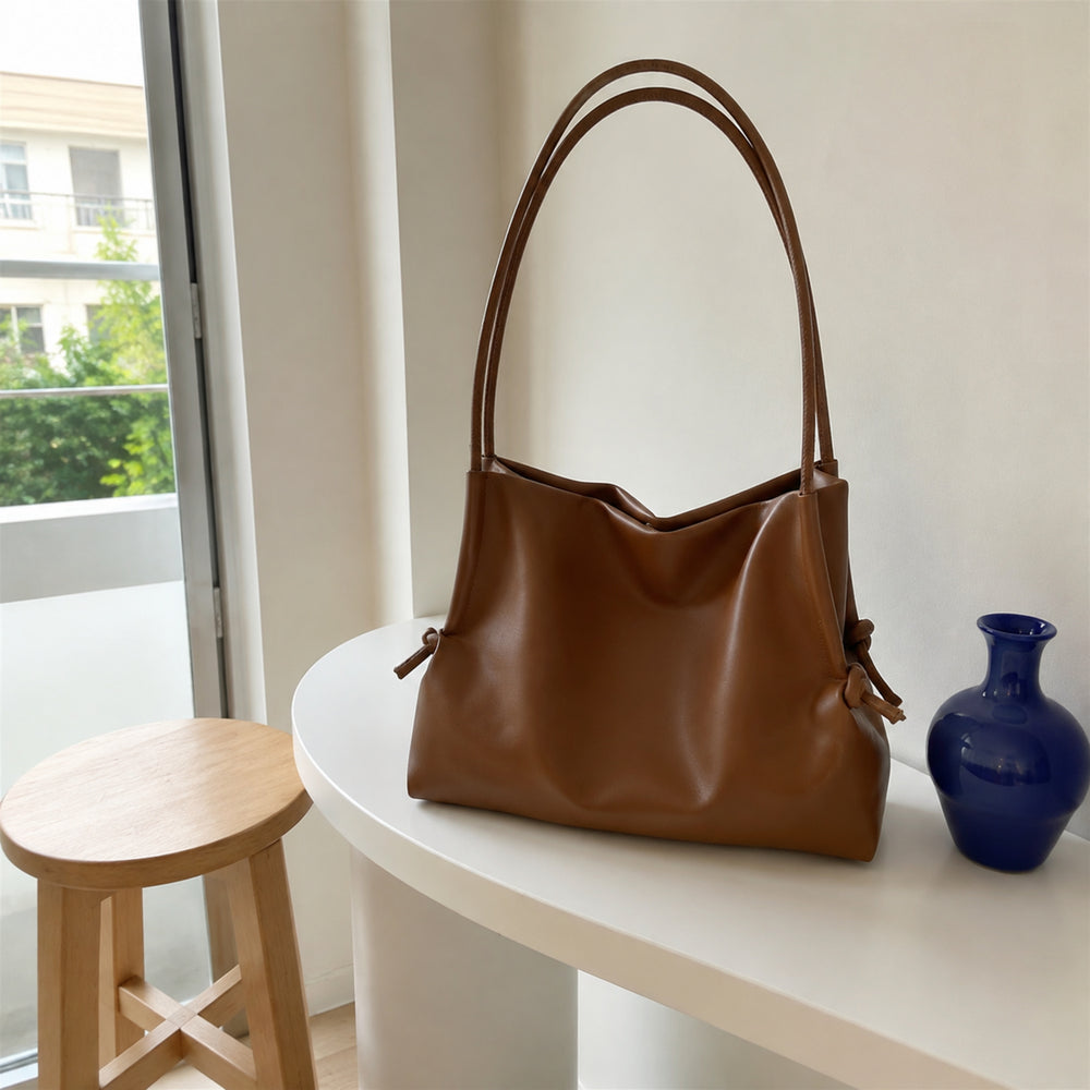 Soft Vegan Leather Tote Bag, Slouchy Shoulder Purse with Side Ties