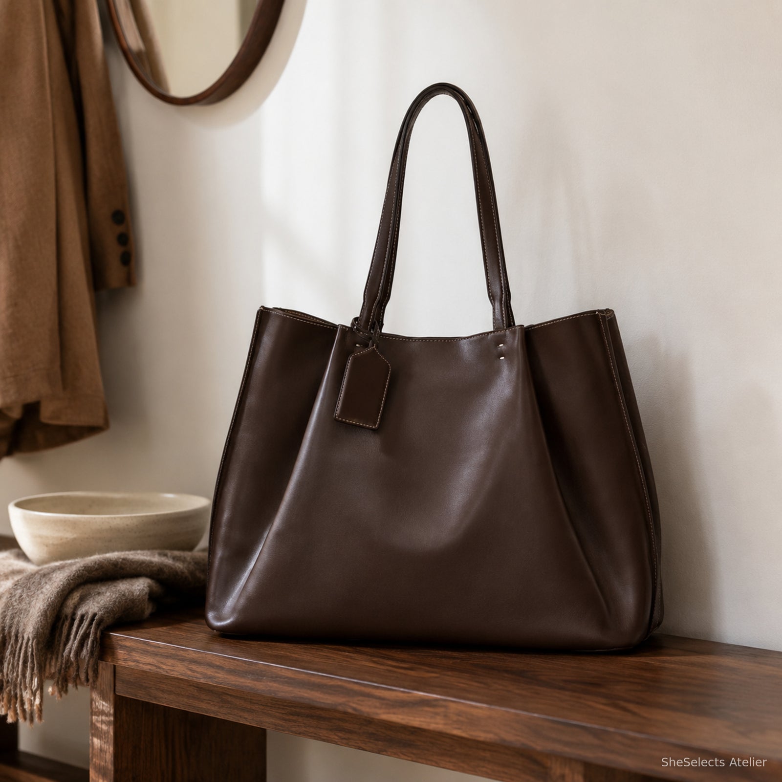 Dark brown large structured PU tote on a walnut entryway bench in natural light