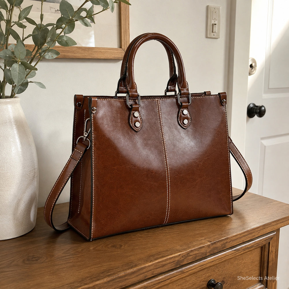 Genuine Cowhide Handbag, Vintage Structured Crossbody and Top Handle Bag for Women