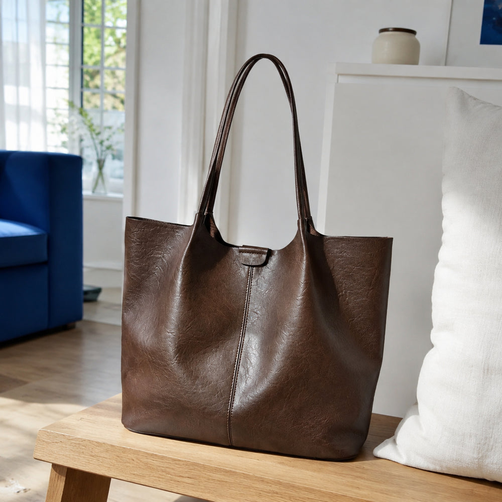 Large Vegan Leather Tote Bag, Soft Shoulder Shopper with Zippered Divider