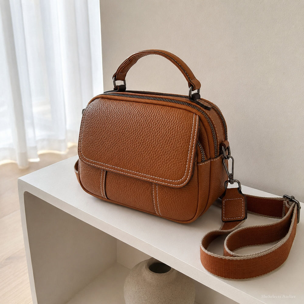 Genuine Leather Crossbody Bag, Multi Pocket Top Handle Purse, Small Everyday Shoulder Bag for Women