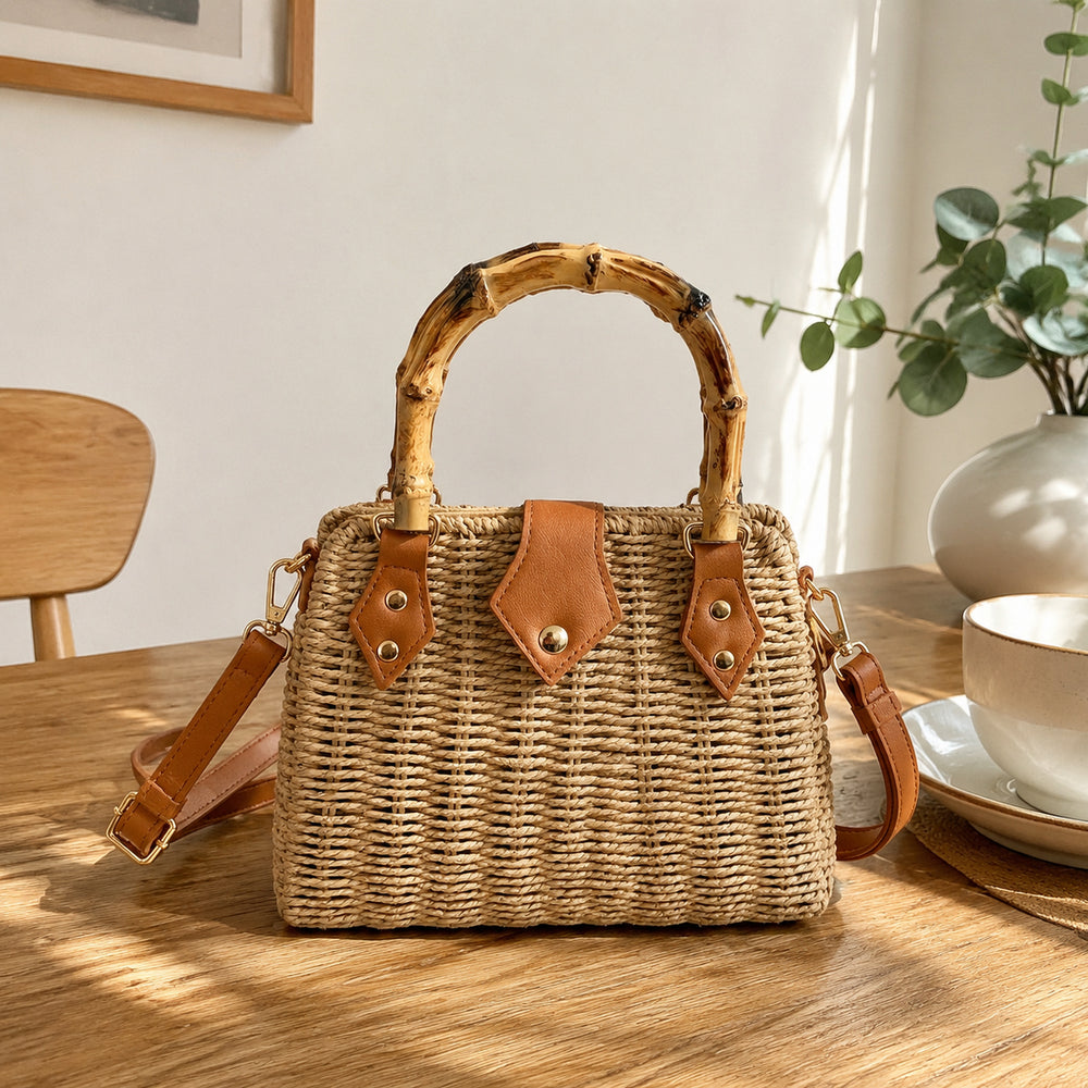 Straw Woven Bamboo Handle Bag, Structured Crossbody Purse for Women