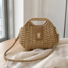Straw Woven Crossbody Bag, Rounded Summer Shoulder Purse with Gold Turn Lock