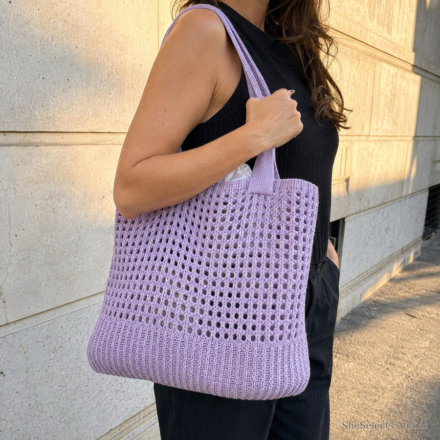 SheSelects Atelier gallery refresh 2026-08-01 | Hollow Knit Shoulder Bag | hero purple model
