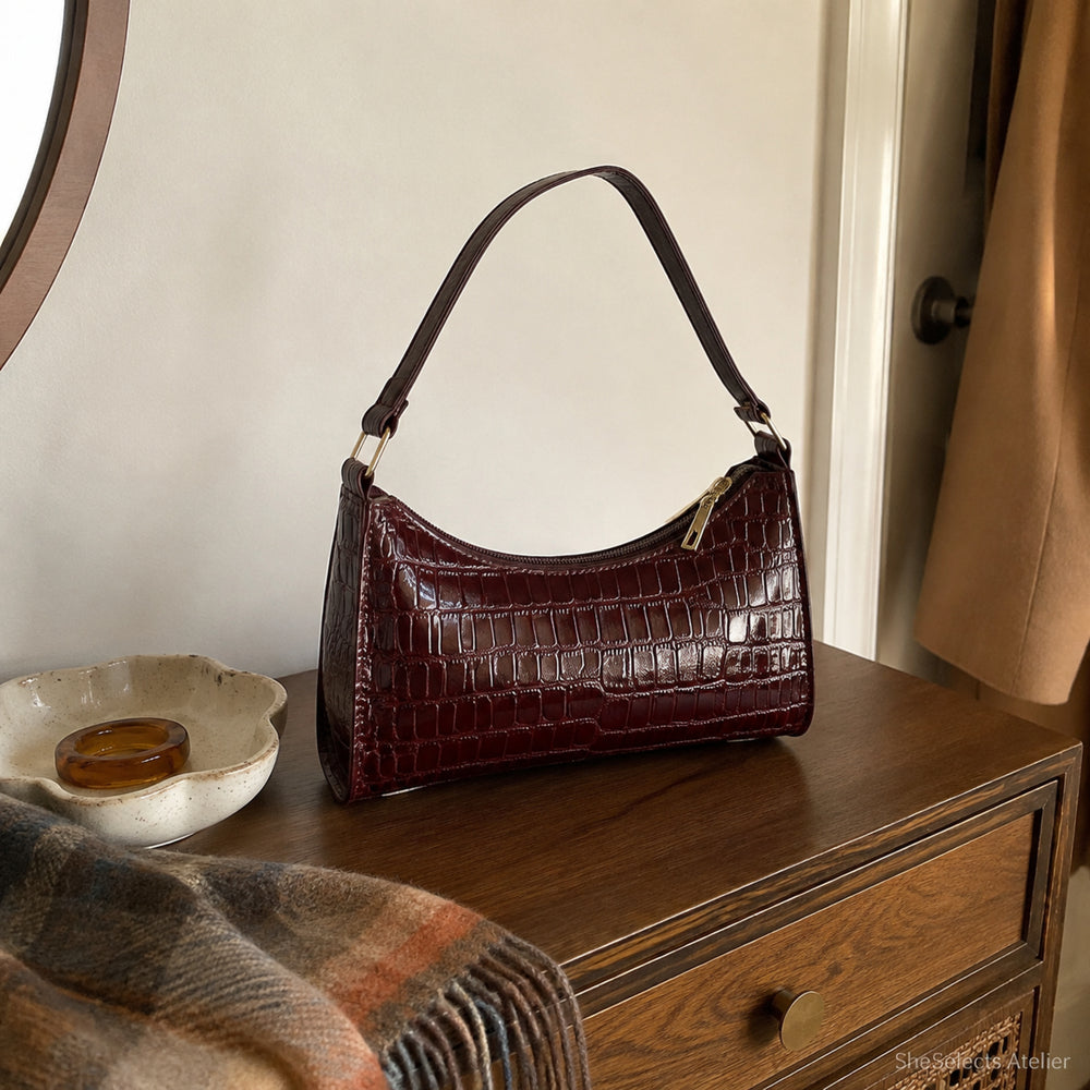 Mini Croc Embossed Shoulder Bag, Glossy Baguette Purse in 13 Colors