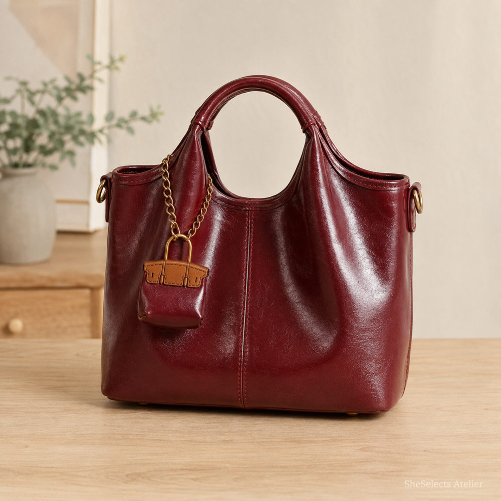 Tote aus veganem Leder, rote Henkeltasche mit Crossbody-Riemen für Damen