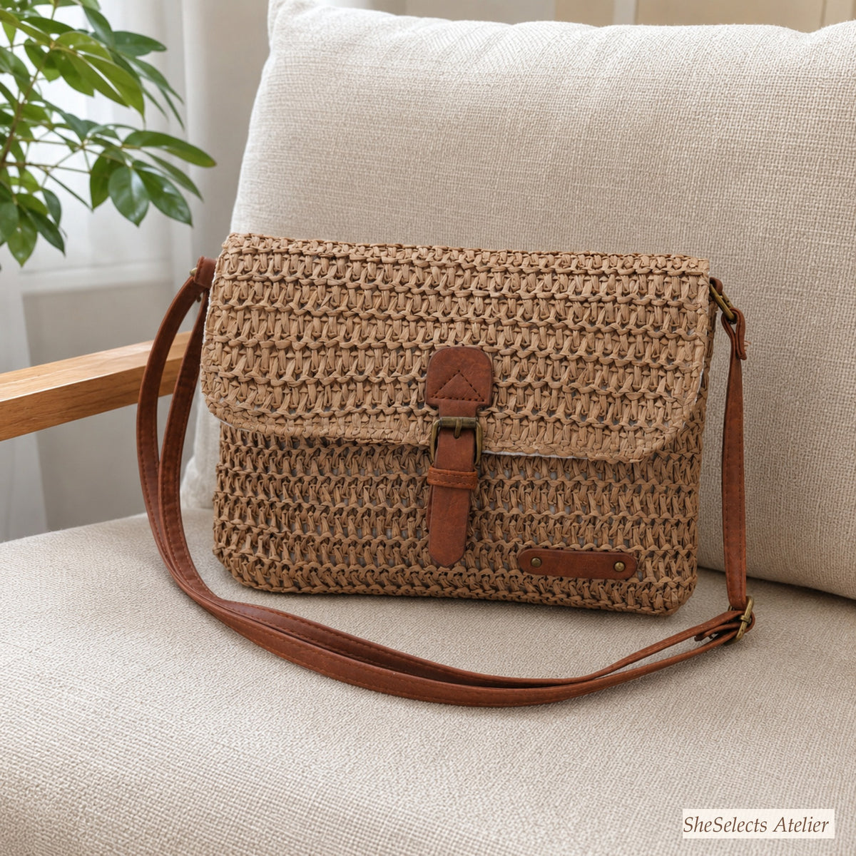 Khaki woven straw crossbody bag with brown buckle strap on a cream chair
