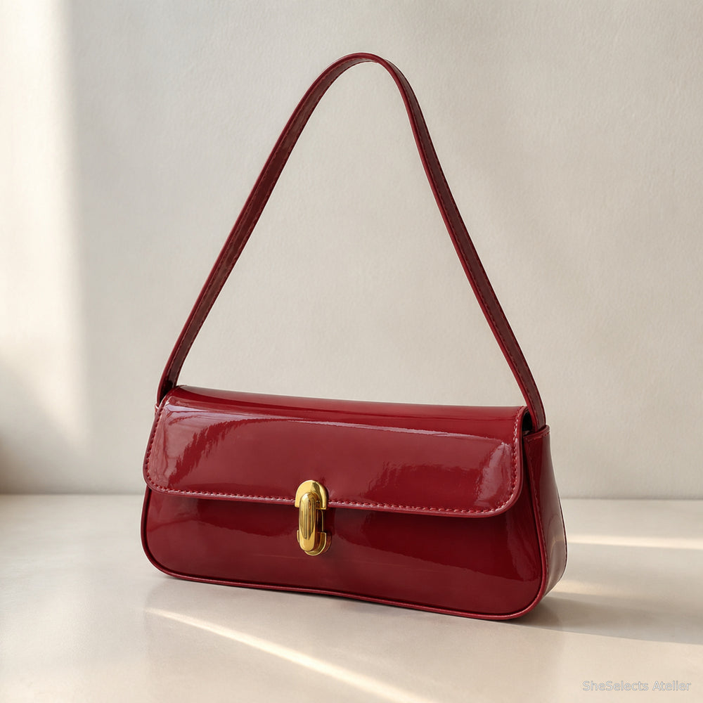 Glänzende vegane Leder-Baguette-Tasche, Y2K-Schultertasche mit Klappe für Damen
