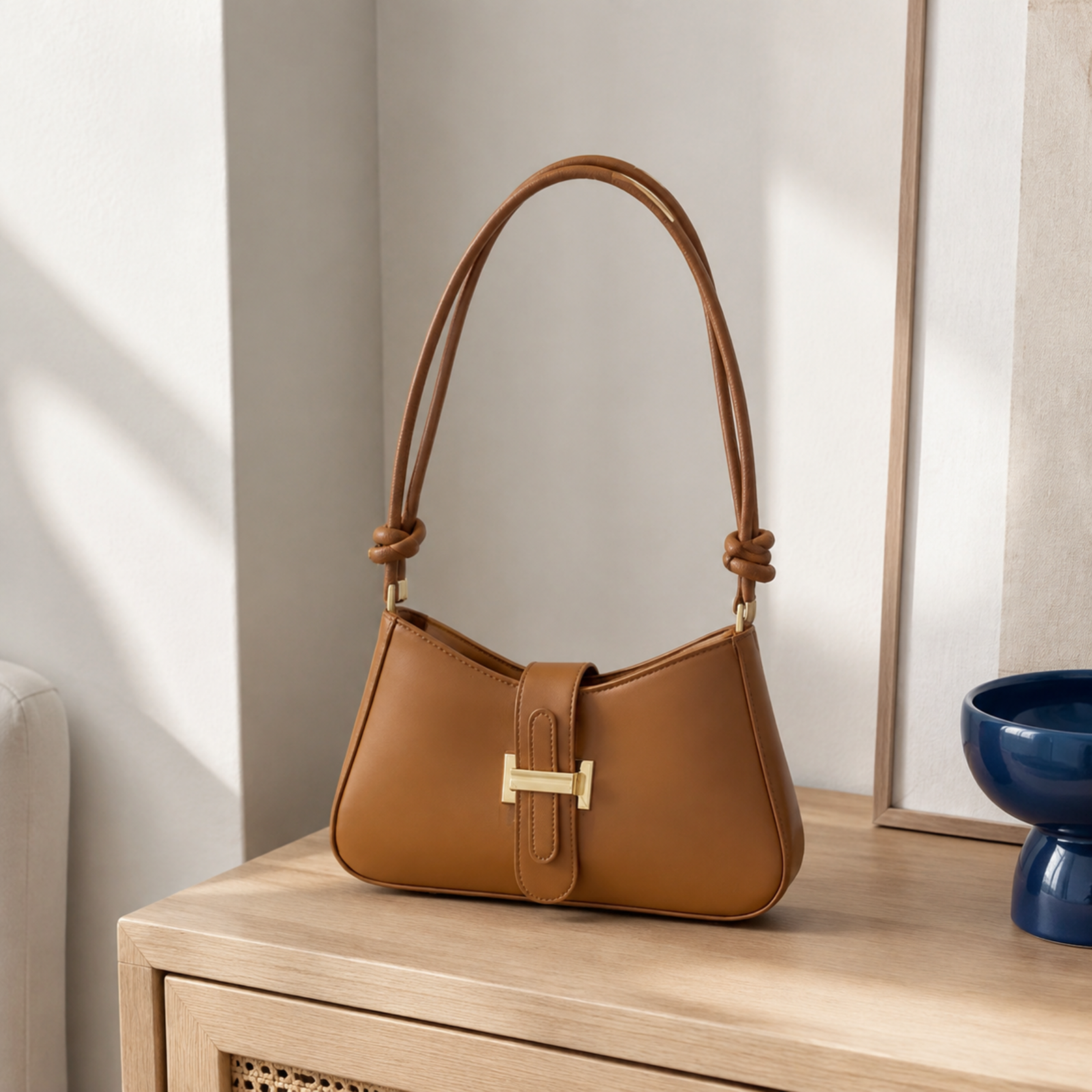 Camel brown minimalist knot-strap underarm bag in a bright off-white interior
