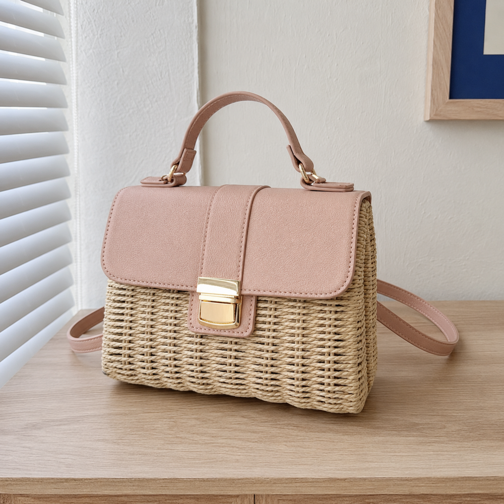 Structured Woven Straw Satchel with Pink Flap, Top Handle Crossbody Bag