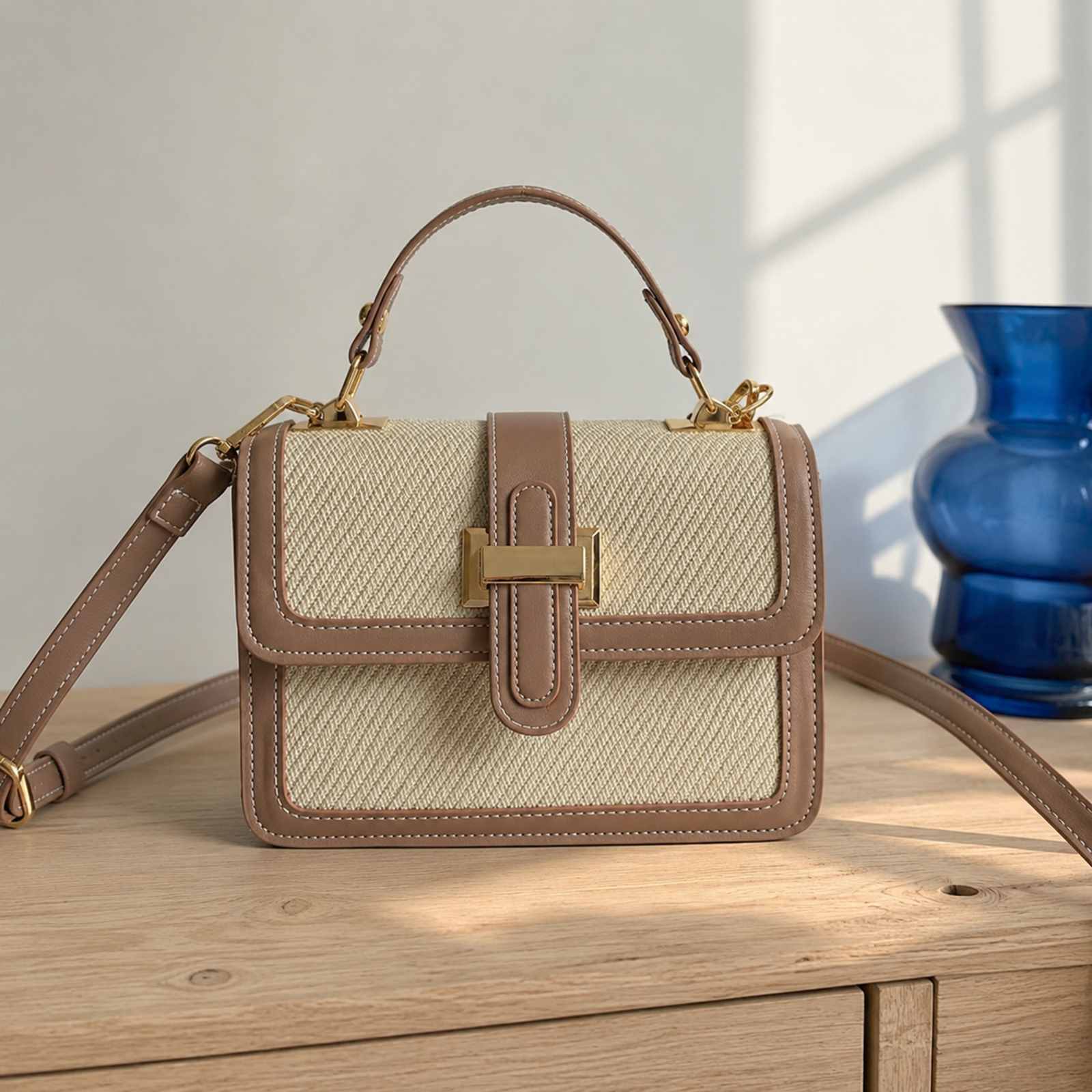 Khaki textured contrast-trim petite tote bag in soft window light