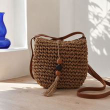 Small Woven Straw Crossbody Bag with Beaded Tassel and Zip Top