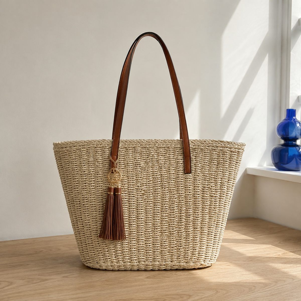Beige handwoven paper-straw tote with removable tassel in soft window light