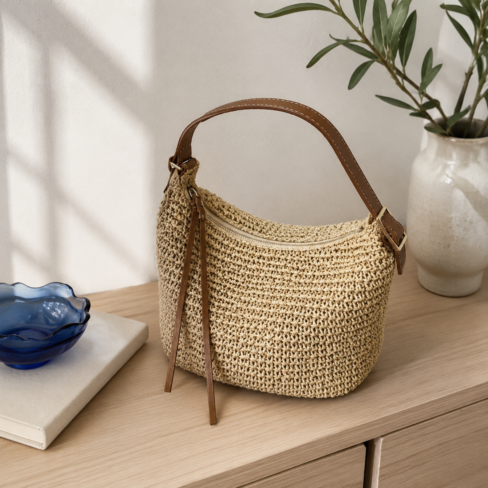 Beige slouchy woven straw hobo bag in a bright off-white interior