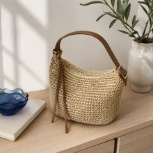 Slouchy Woven Straw Hobo Bag with Adjustable Strap and Zip Top
