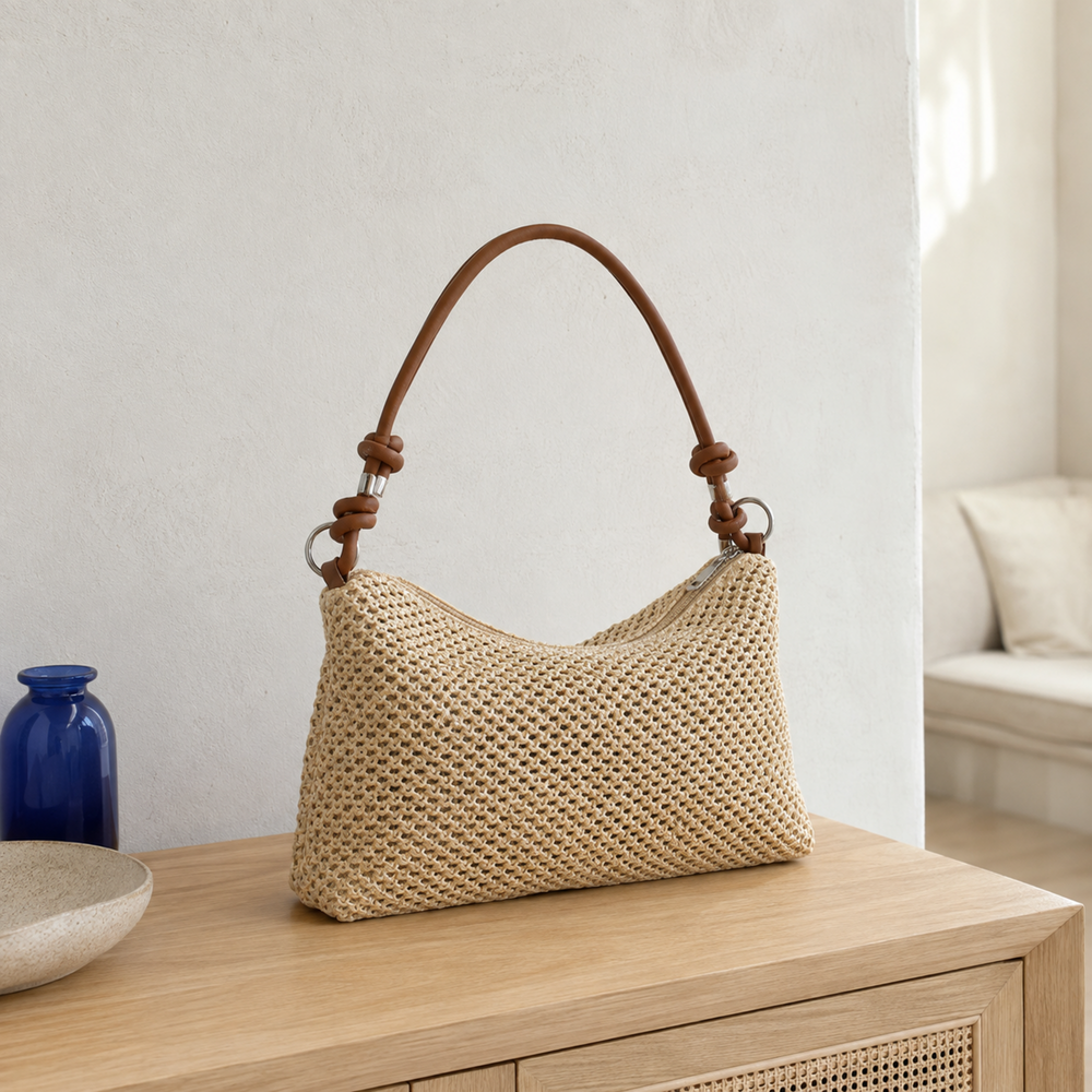 Geflochtene Stroh-Hobo-Tasche mit Knotenhenkel und Reißverschluss