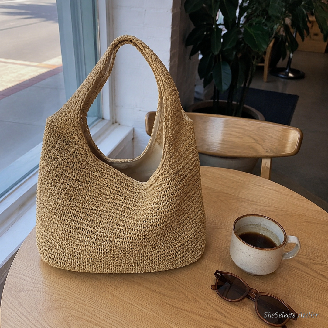 Große Stroh-Hobo-Tasche, weicher gewebter Schulter-Shopper für den Sommer