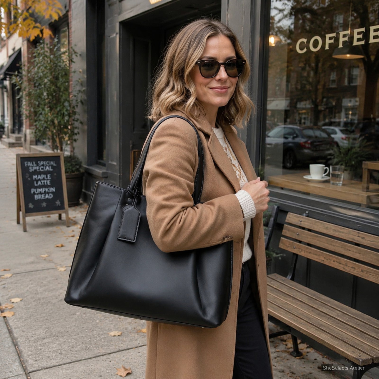 Woman carrying a black large work tote with a camel fall coat on a city sidewalk