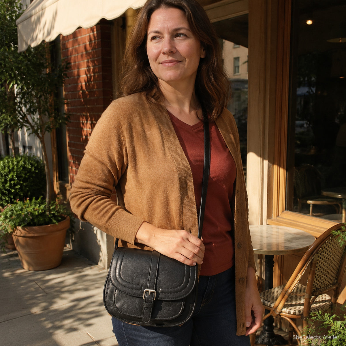 Woman with natural features carrying a black vintage saddle bag outside a sunny cafe
