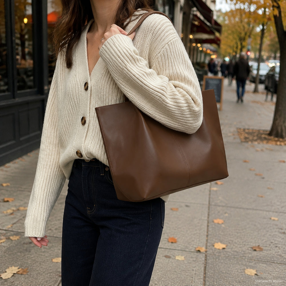 Large Vegan Leather Tote Bag, Soft Everyday Work Shoulder Purse for Women