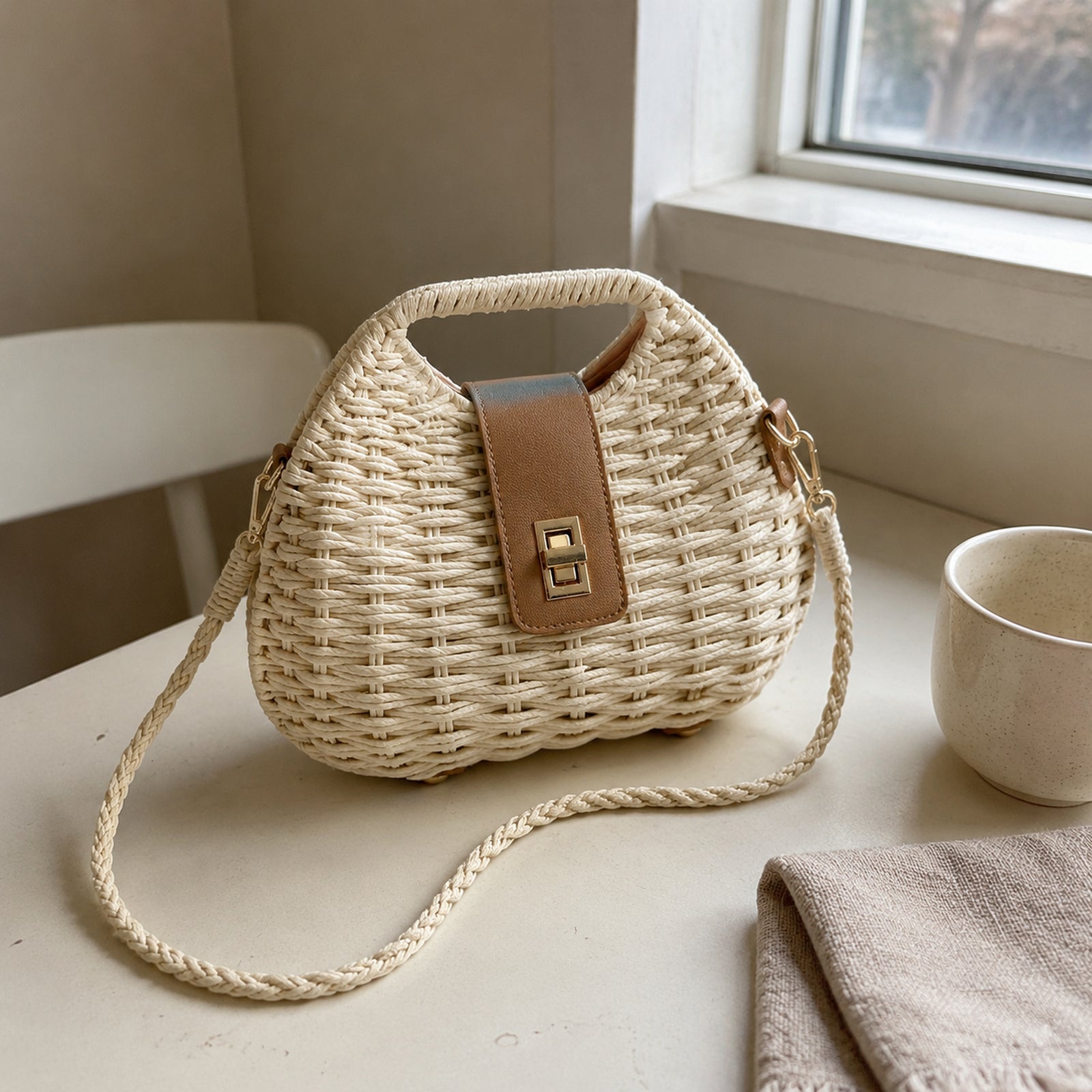 Off White rounded woven shoulder bag with braided strap in a natural home table setting