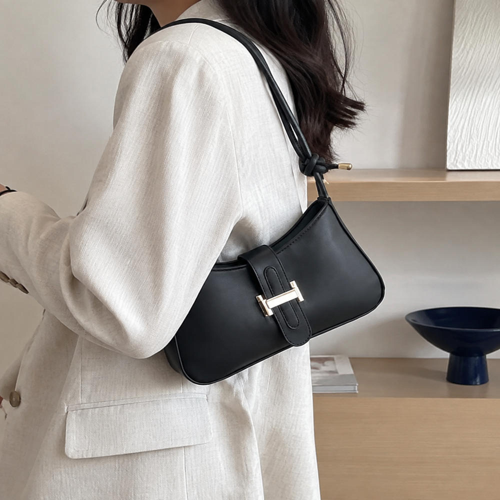 Minimalist Vegan Leather Baguette Bag with Knot Strap and Gold Clasp