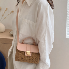Structured Woven Straw Satchel with Pink Flap, Top Handle Crossbody Bag