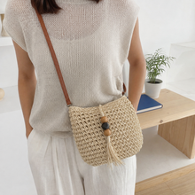 Small Woven Straw Crossbody Bag with Beaded Tassel and Zip Top