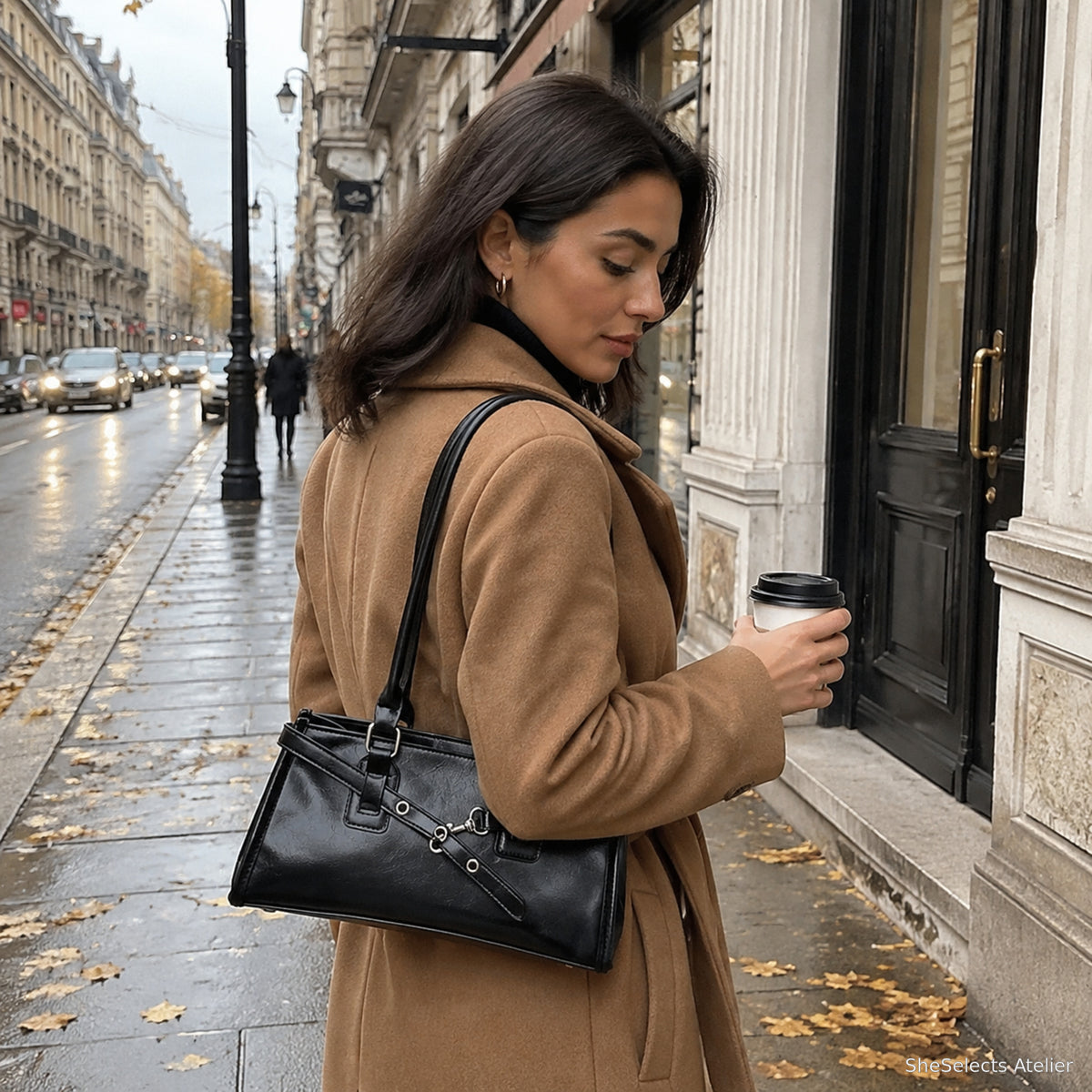 Black glossy vegan leather shoulder bag styled for autumn