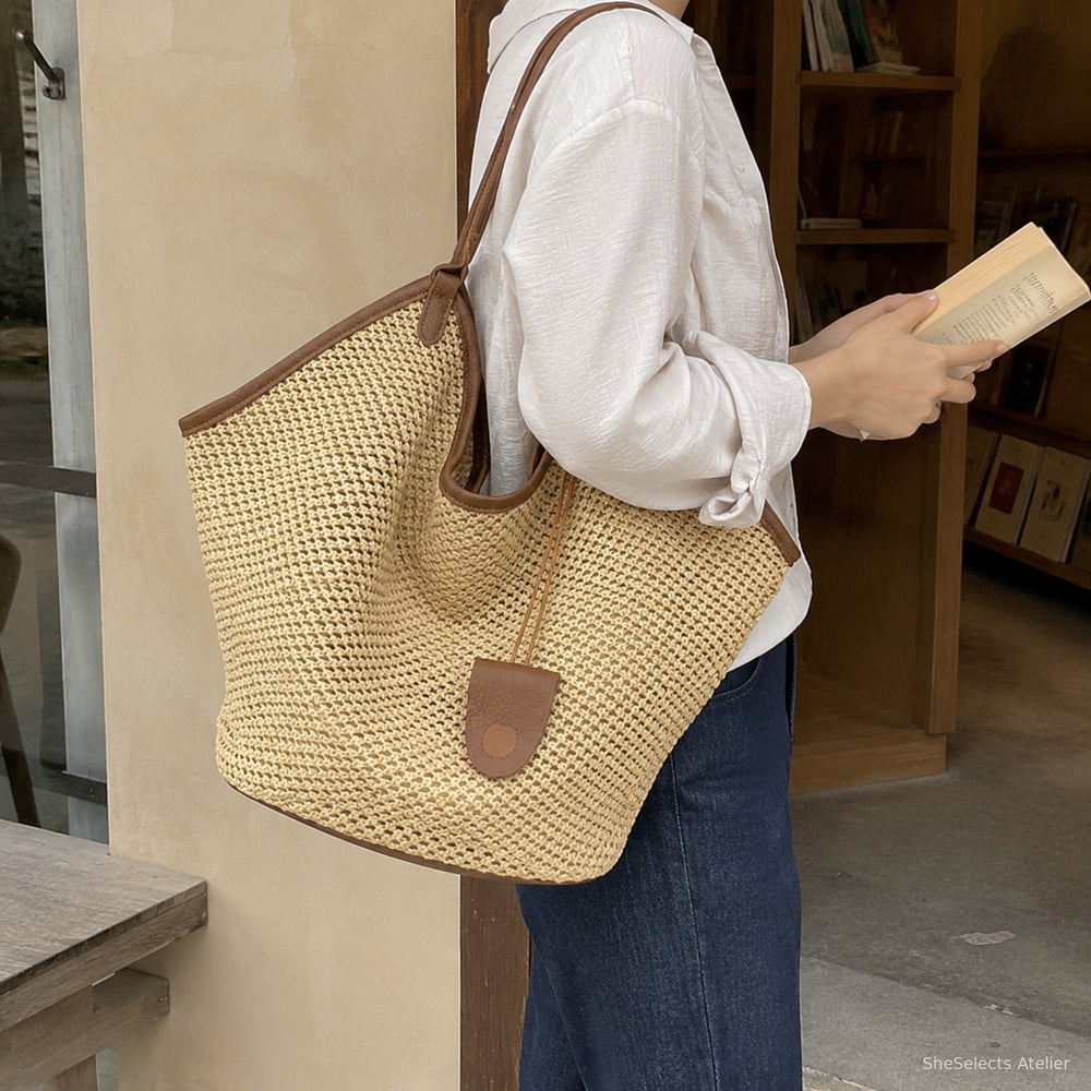 Large Woven Look Shoulder Tote Bag, Slouchy Hobo Purse in Black or Brown