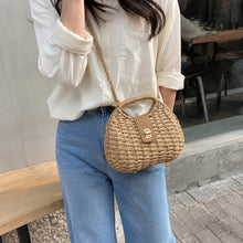 Straw Woven Crossbody Bag, Rounded Summer Shoulder Purse with Gold Turn Lock