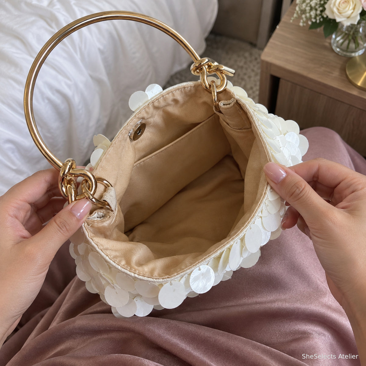 Celestine evening bag beige interior and slip pocket