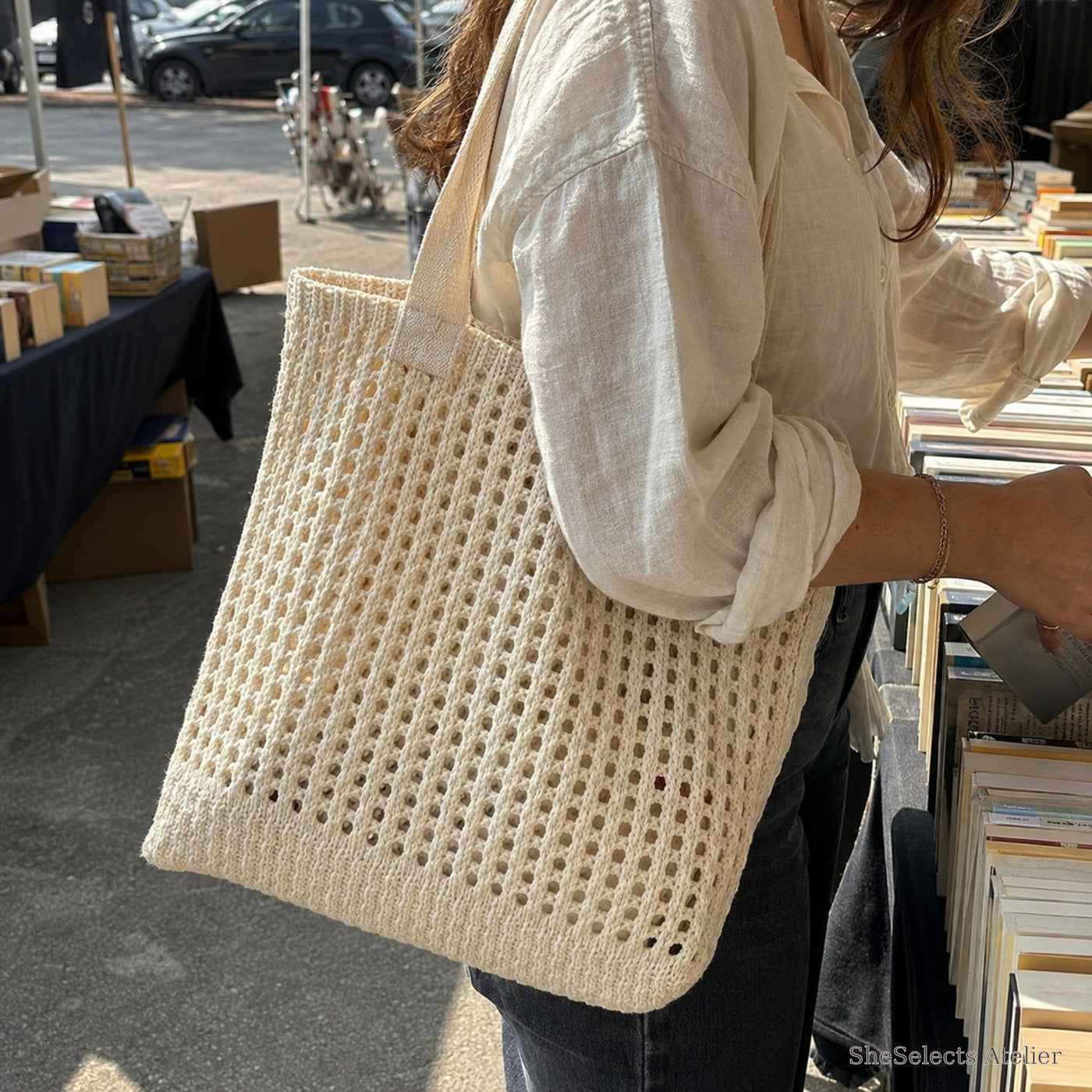 SheSelects Atelier gallery refresh 2026-08-01 | Hollow Knit Shoulder Bag | model beige