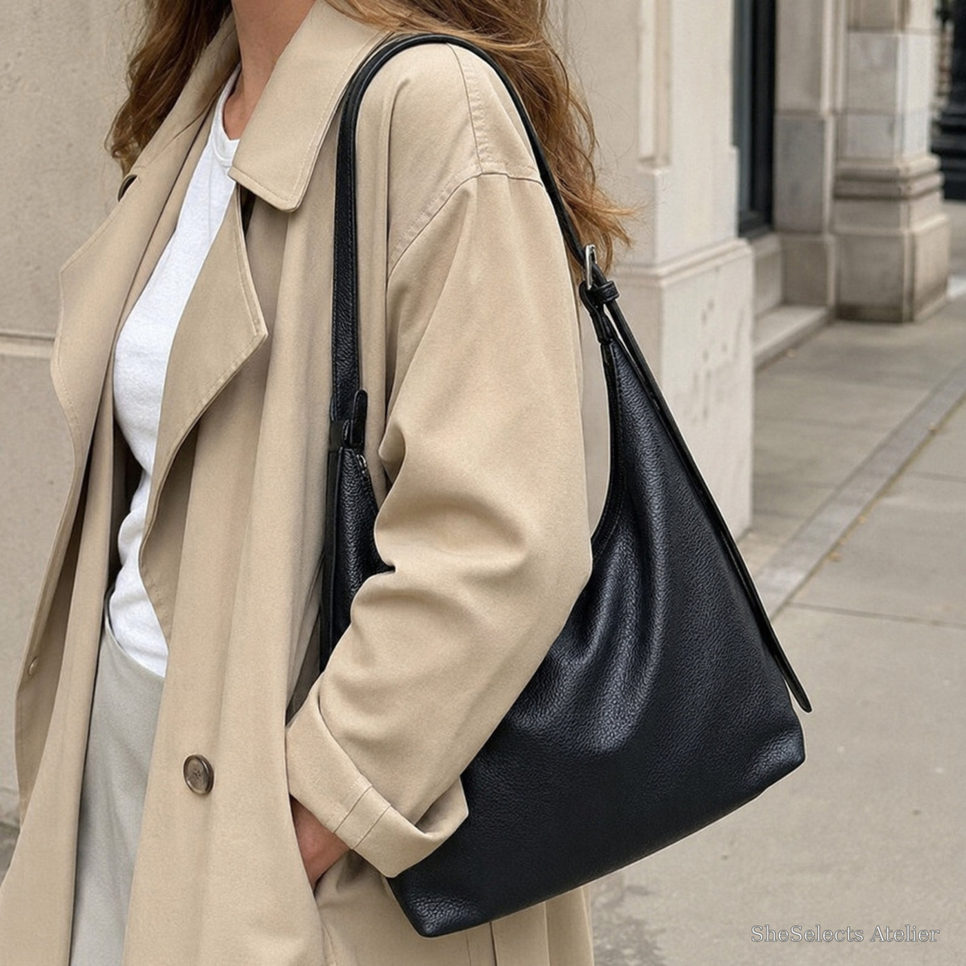 Soft Vegan Leather Hobo Bag, Large Everyday Shoulder Purse for Women | model black | SheSelects Atelier