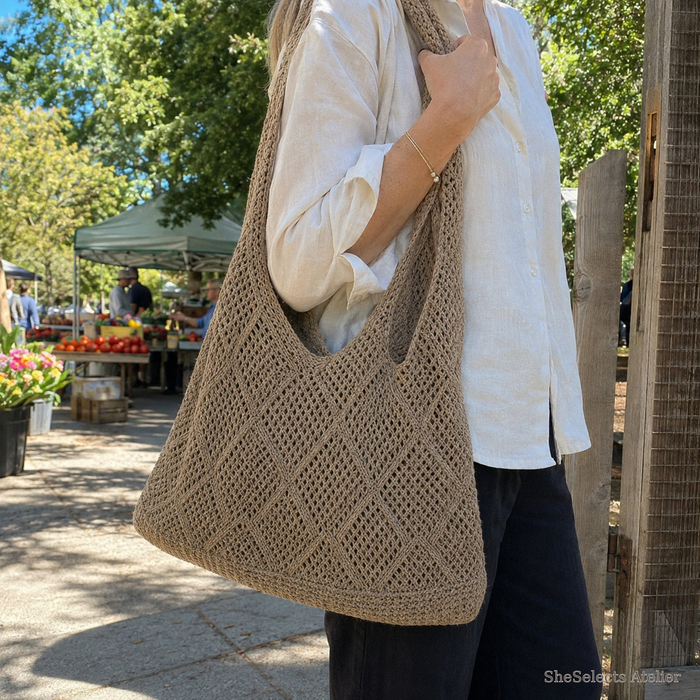 SheSelects Atelier gallery refresh 2026-08-01 | Large Crochet Tote Bag | model khaki