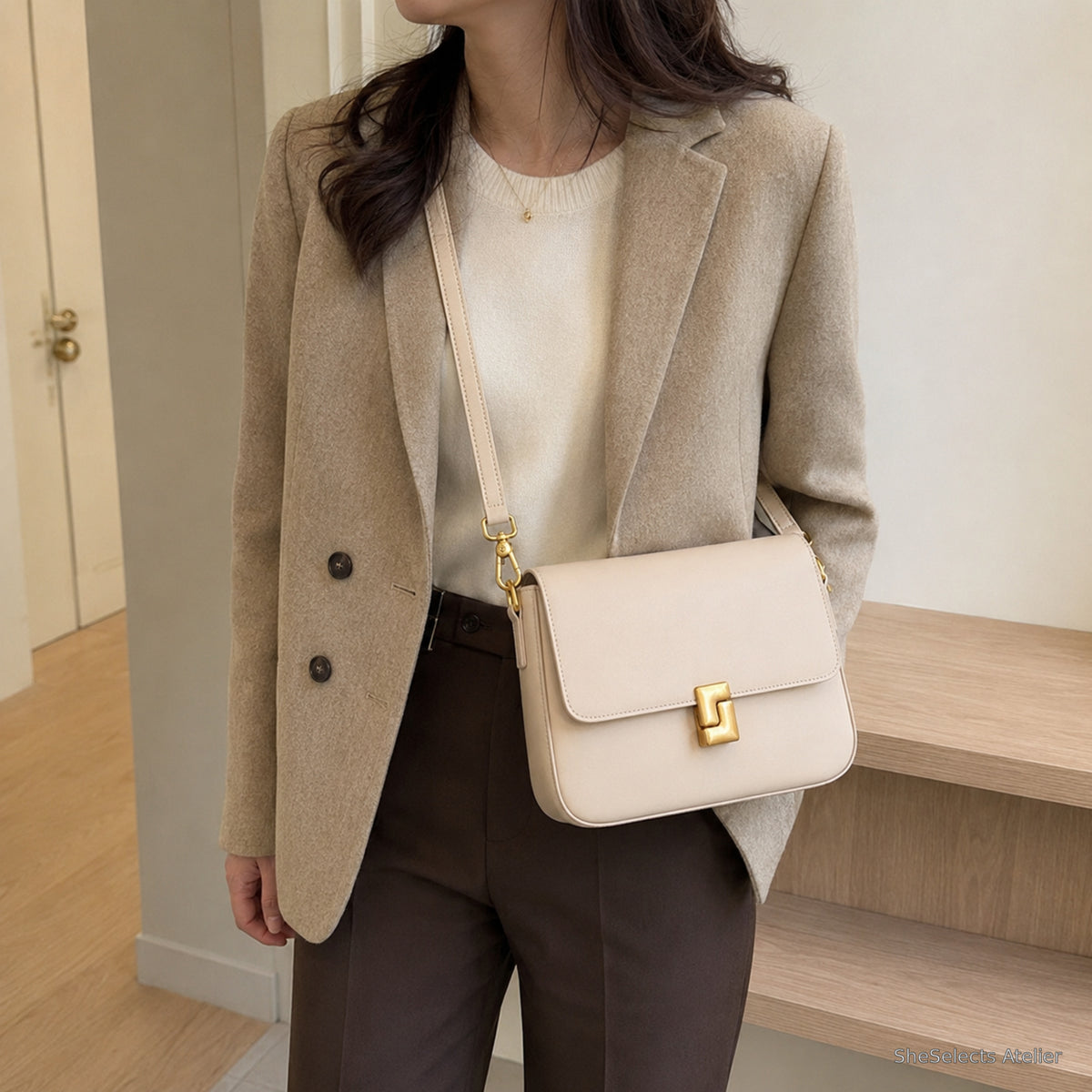 Beige genuine leather crossbody bag worn with a neutral blazer