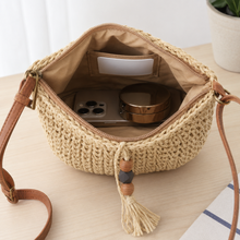 Small Woven Straw Crossbody Bag with Beaded Tassel and Zip Top