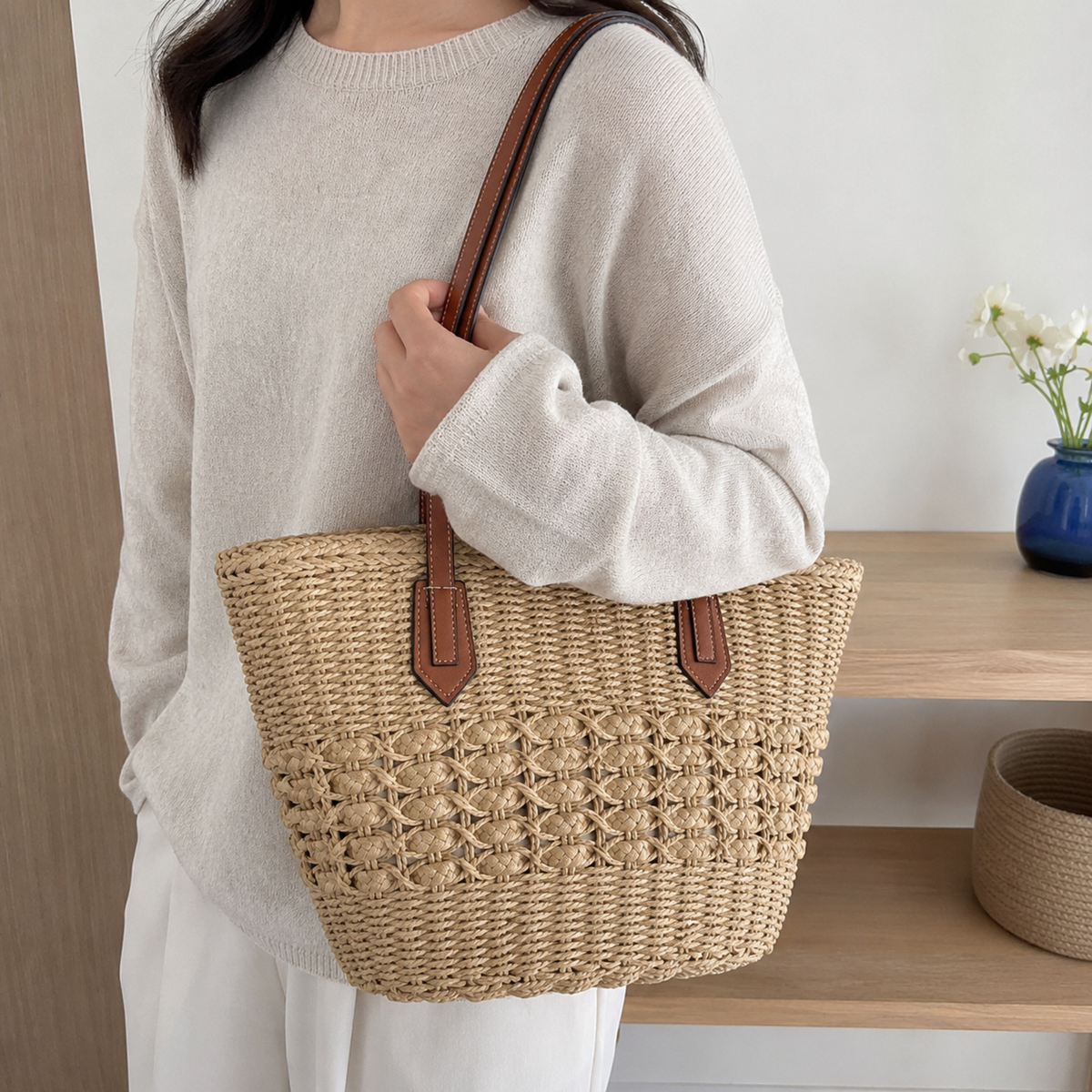Beige cut-out woven tote without scarf worn in a cropped lifestyle view