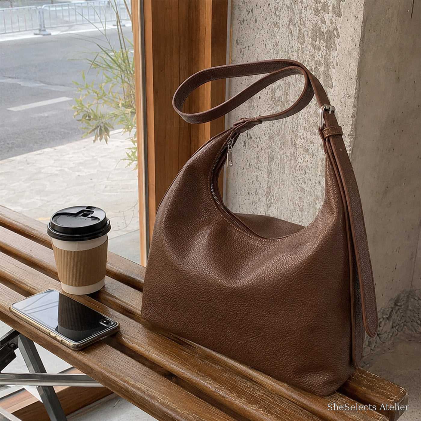 Soft Vegan Leather Hobo Bag, Large Everyday Shoulder Purse for Women | cafe brown | SheSelects Atelier