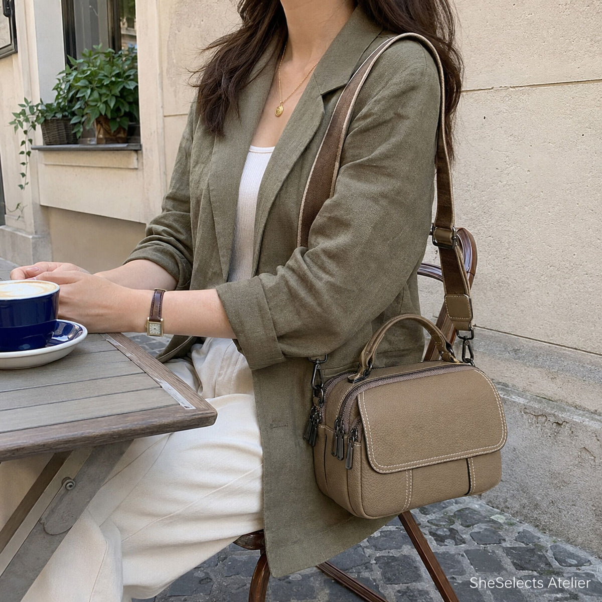 Khaki genuine leather crossbody bag worn at a bright outdoor cafe