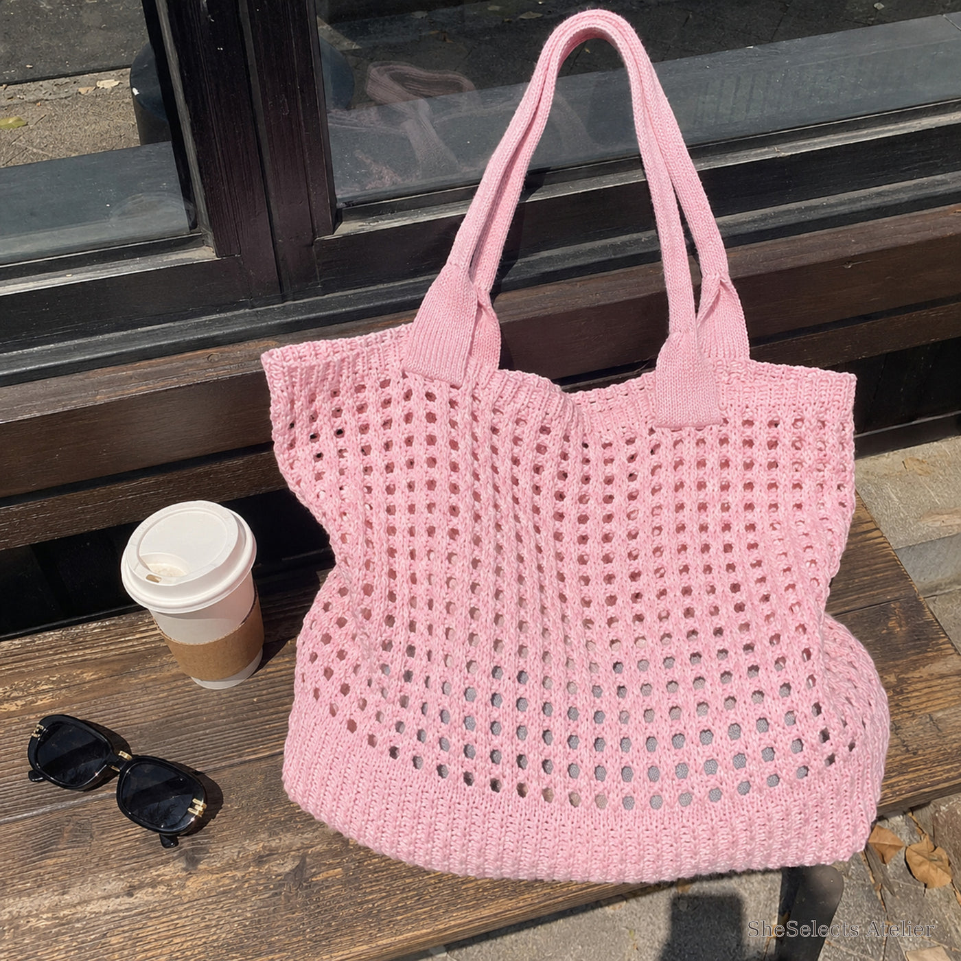 SheSelects Atelier gallery refresh 2026-08-01 | Hollow Knit Shoulder Bag | cafe pink