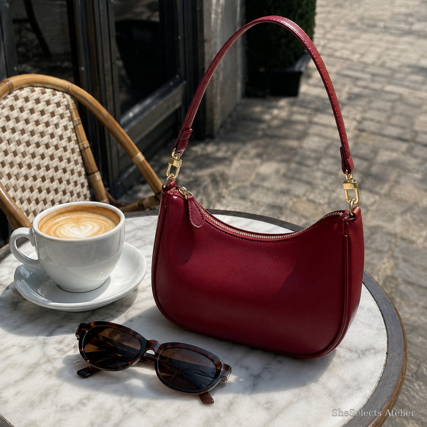 Minimalist Crescent Shoulder Bag, Small Vegan Leather Purse with Gold Chain Detail | cafe wine red | SheSelects Atelier