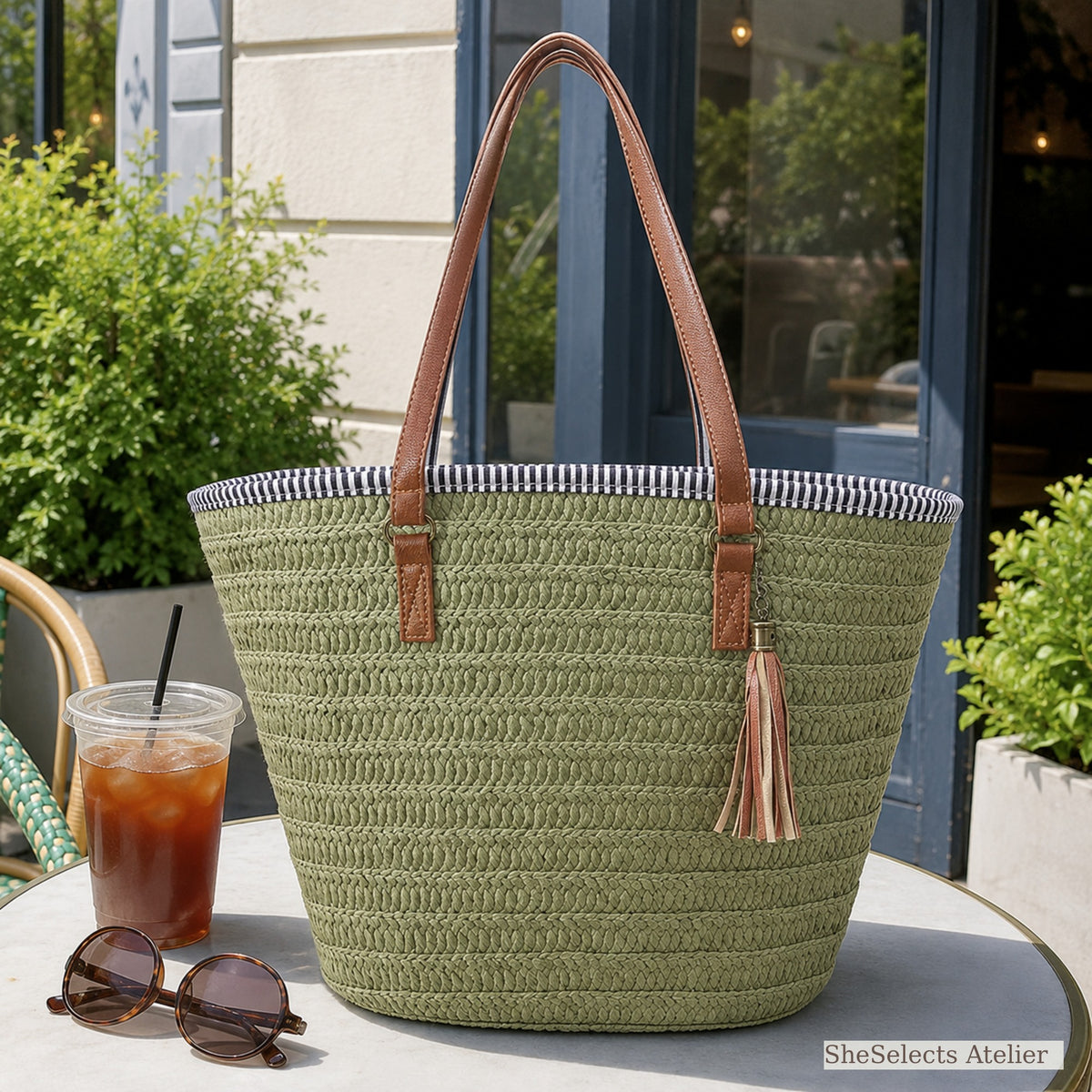 Army green woven straw tote bag on an outdoor cafe table