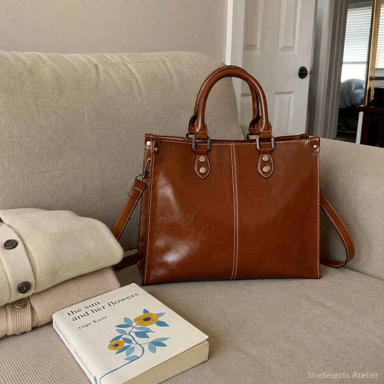 Brown genuine leather handbag on a beige sofa beside a cardigan and paperback book