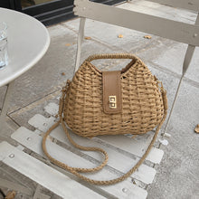 Straw Woven Crossbody Bag, Rounded Summer Shoulder Purse with Gold Turn Lock
